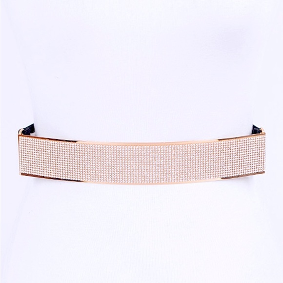 Rhinestone Metallic Plaque Elastic Statement Belt - Picture 1 of 7